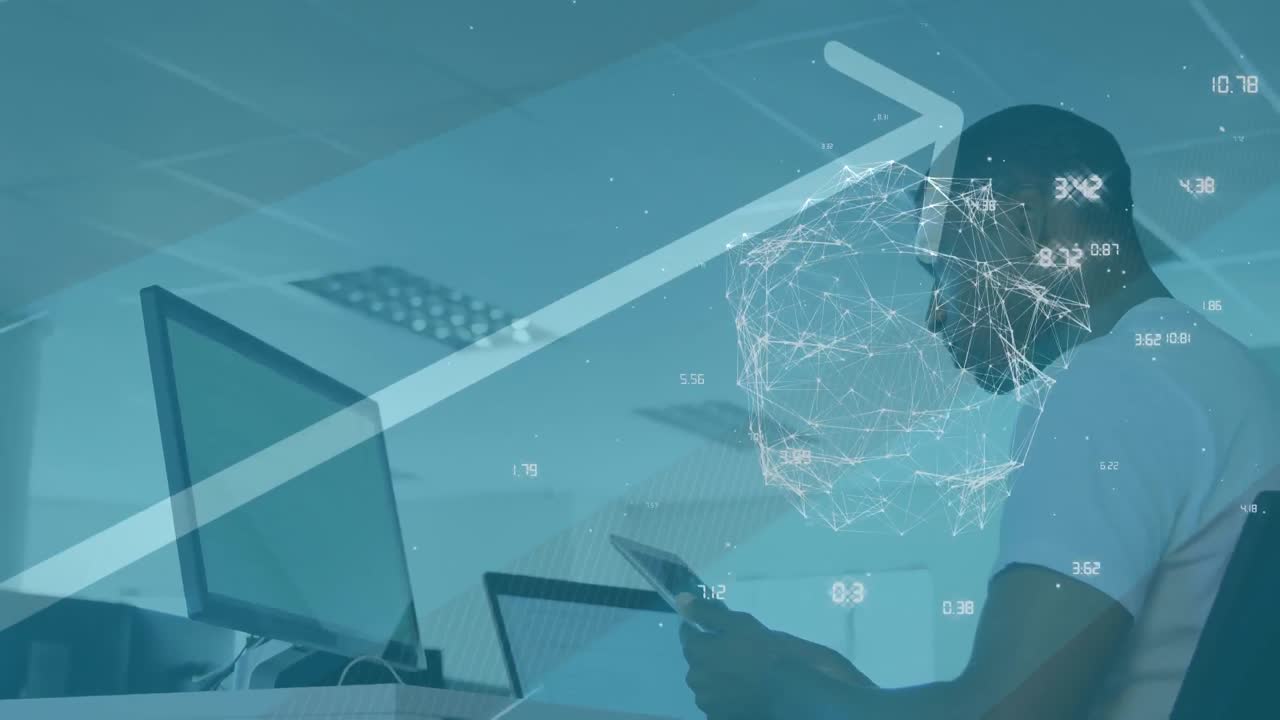 Animation of globe with network of connections over businessman using computer in office