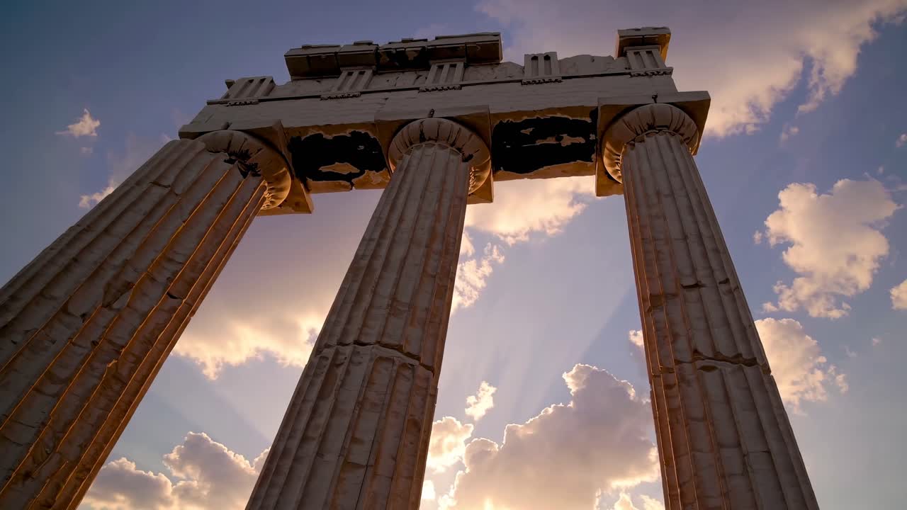 Low-angle video shot of ancient Greek columns against a dramatic sky, highlighting their grandeur