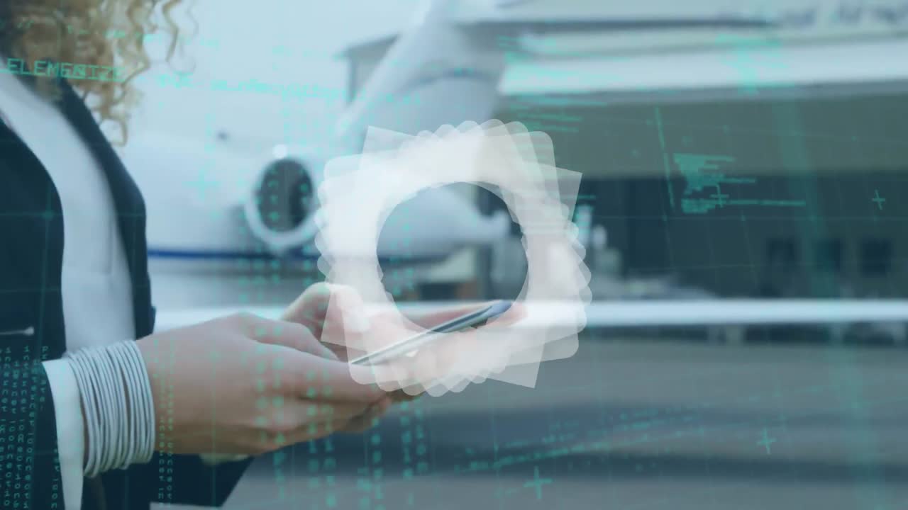 animación de formas geométricas en movimiento y procesamiento de datos sobre una mujer usando un teléfono inteligente