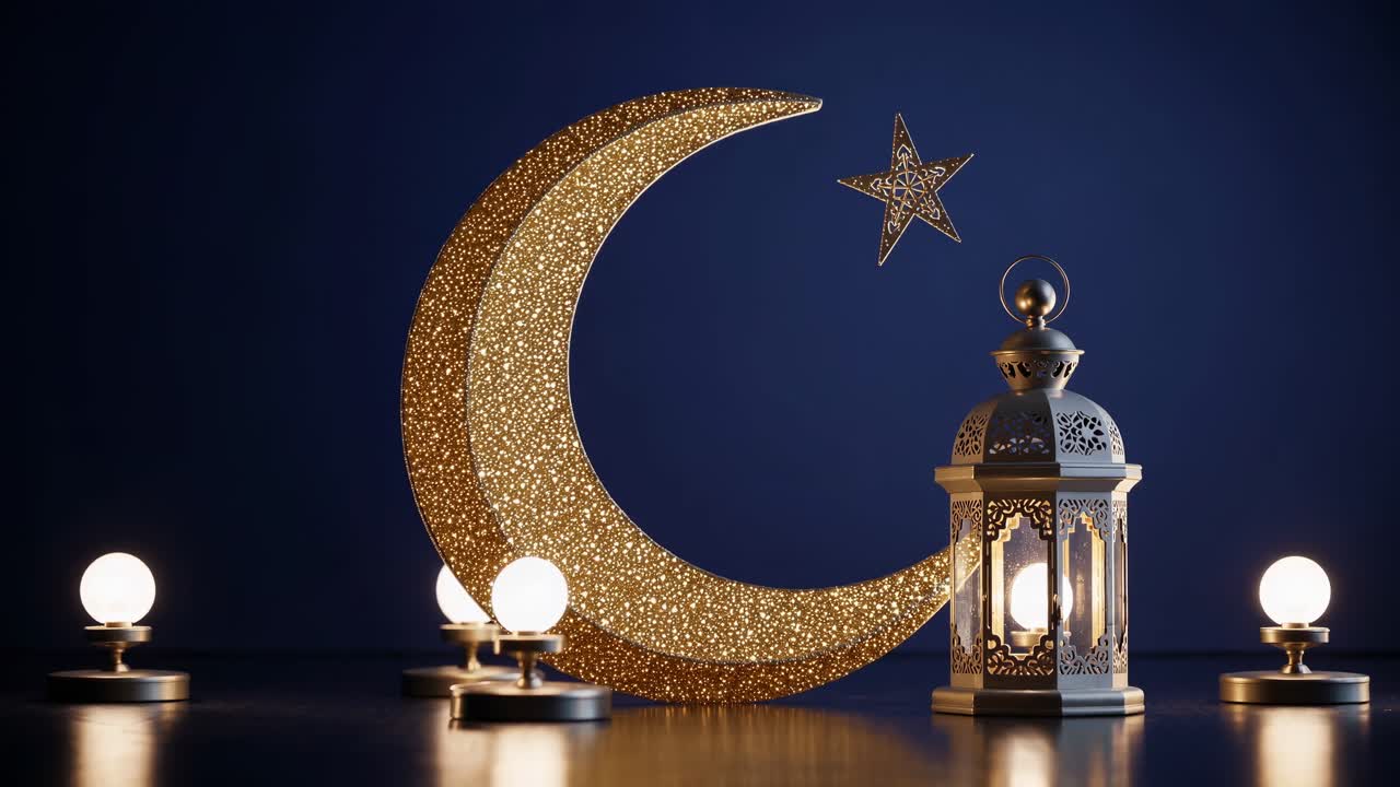 Golden crescent moon and an intricately designed lantern illuminate a celebratory setup, complemented by small glowing orbs, creating a warm and inviting ambiance against a deep blue backdrop