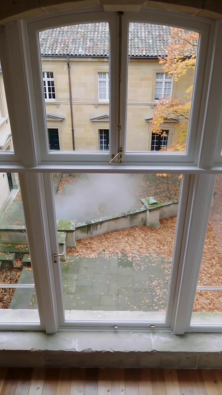 Vertical video: Recording upper window, mist appearing at balustrade and drifting across courtyard