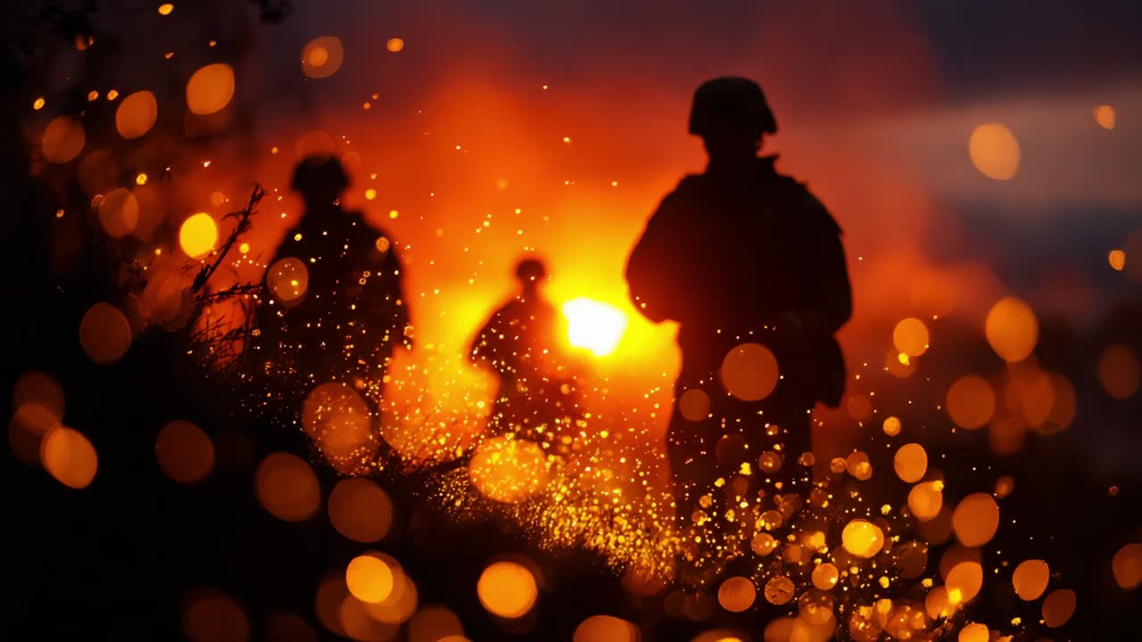 A Dramatic Scene of Silhouetted Soldiers Advancing Through Fiery Sparks Against a Fiery Orange-Red Sky, Capturing the Intensity and Emotion of Their Journey in the Face of Adversity and Courage