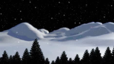 animation of snow falling over fir trees in winter landscape at night