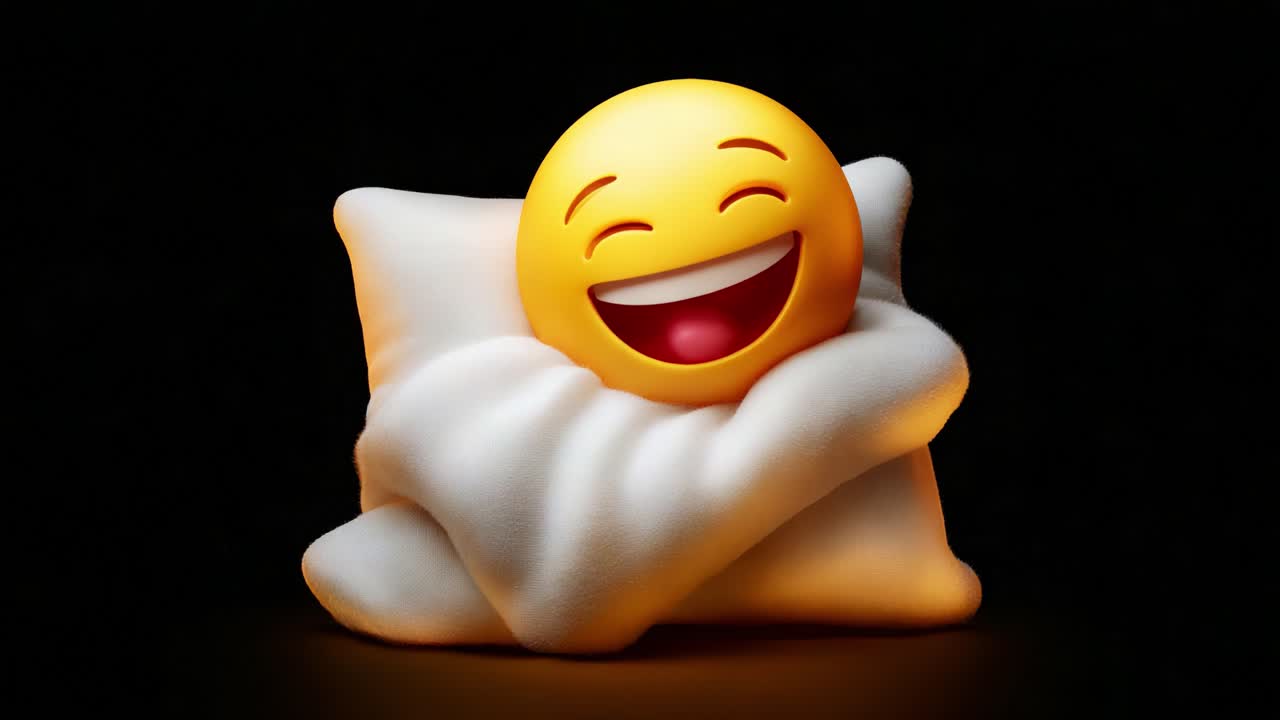 Delightful Emotion: A Joyful Smiley Face Embraced by a Cozy Pillow, Radiating Happiness and Comfort in a Serene Dark Setting, Perfect for Evoking Positive Vibes and Warm Feelings