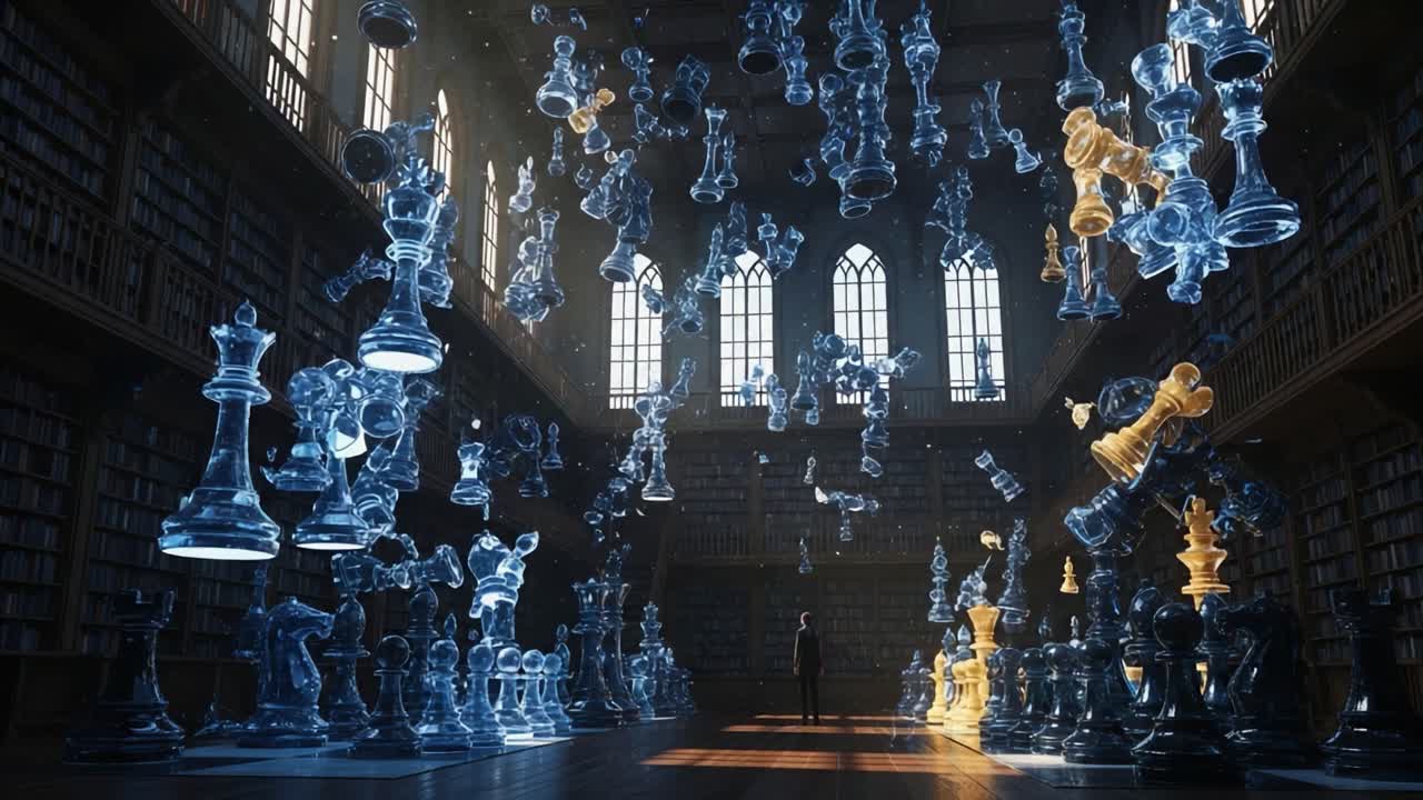 A mesmerizing view of a grand library, filled with floating, translucent chess pieces hovering in the air, creating an enchanting, surreal atmosphere of strategy and intellect