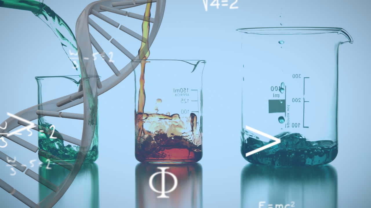 Animation of dna helix and mathematical equation over liquid getting filled in glass beaker
