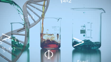animación de la hélice de adn y ecuación matemática sobre el líquido llenándose en un vaso de vidrio