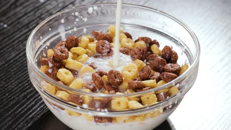 breakfast chocolate corn cereal in a bowl with milk.