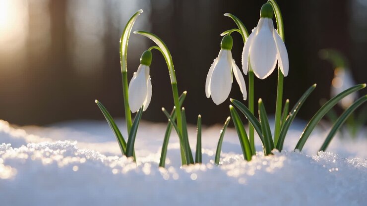 Close-up video shot of snowdrops emerging through snow, capturing the serene beauty of nature
