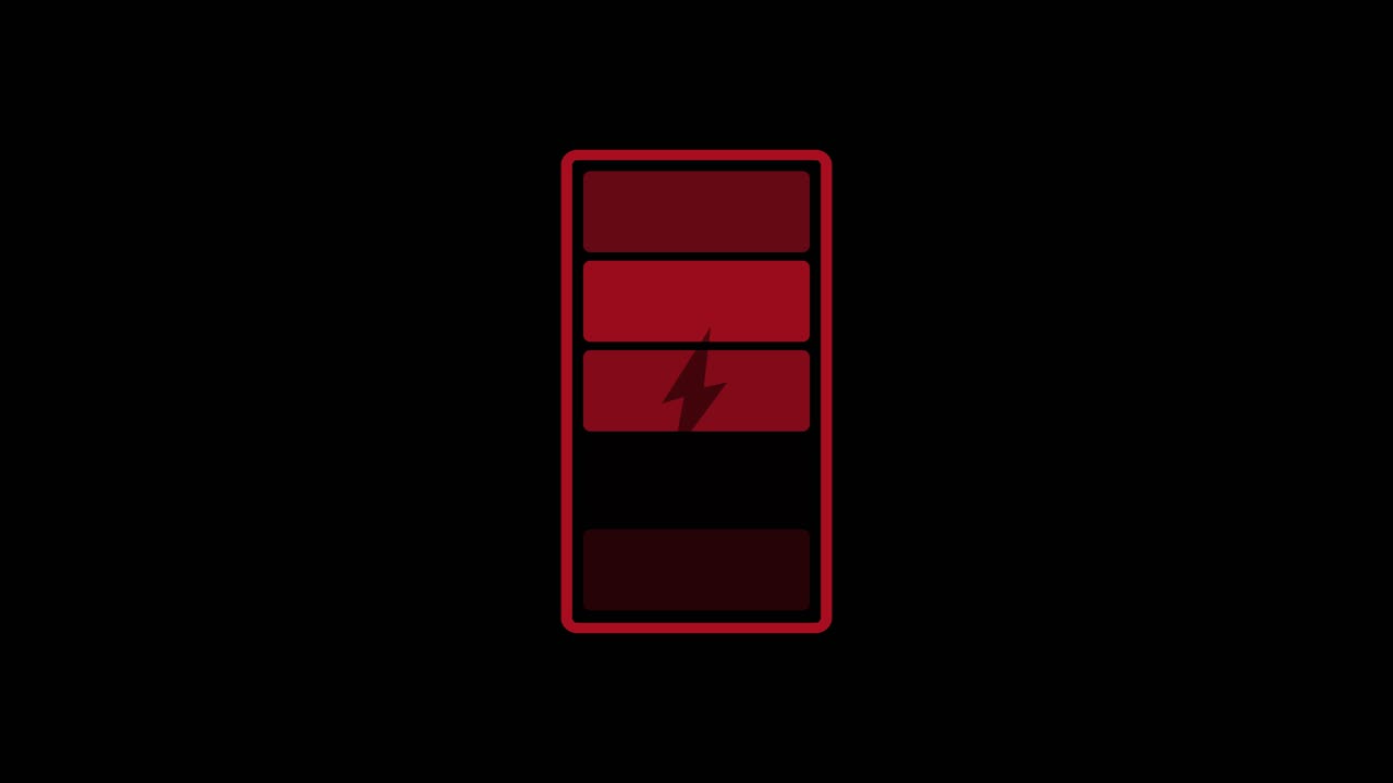 Animated loop showing a red battery icon draining downward, symbolizing low power and energy depletion