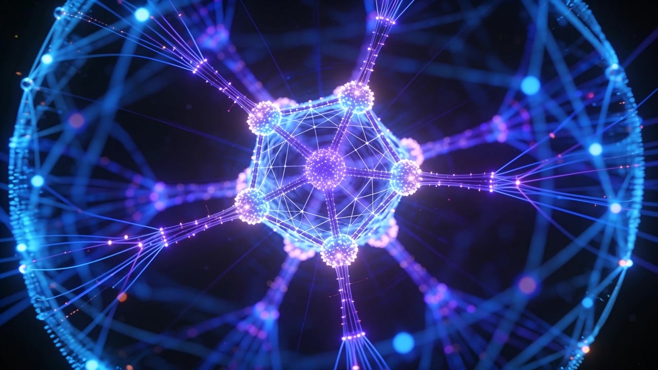 La telecamera inizia a inquadrare un nucleo poliedrico centrale, che ruota e pulsa lungo filamenti a reticolo.
