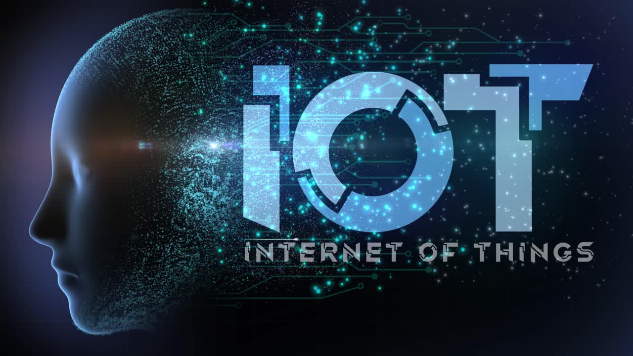 고품질의 애니메이션 그래픽 컨셉 디자인은 회로에서 뉴런을 발사하고 인공 두뇌에서 흐르는 입자를 파란색 색상 체계로 표현하는 새로운 사물 인터넷 기술을 묘사합니다.