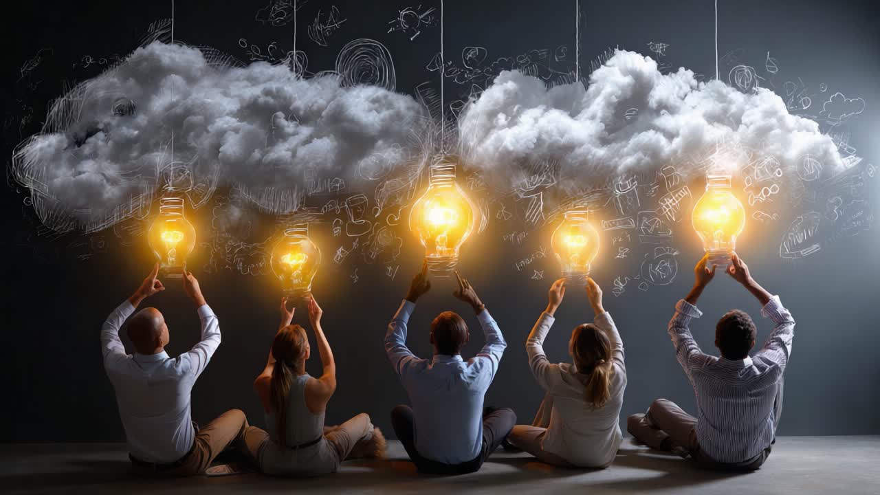Illuminating Ideas: A Group of Individuals Holding Glowing Light Bulbs Against a Backdrop of Clouds and Abstract Drawings, Symbolizing Inspiration and Creativity