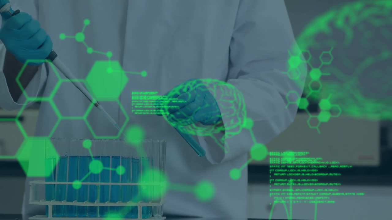 animación del procesamiento de datos científicos sobre un científico masculino en el laboratorio