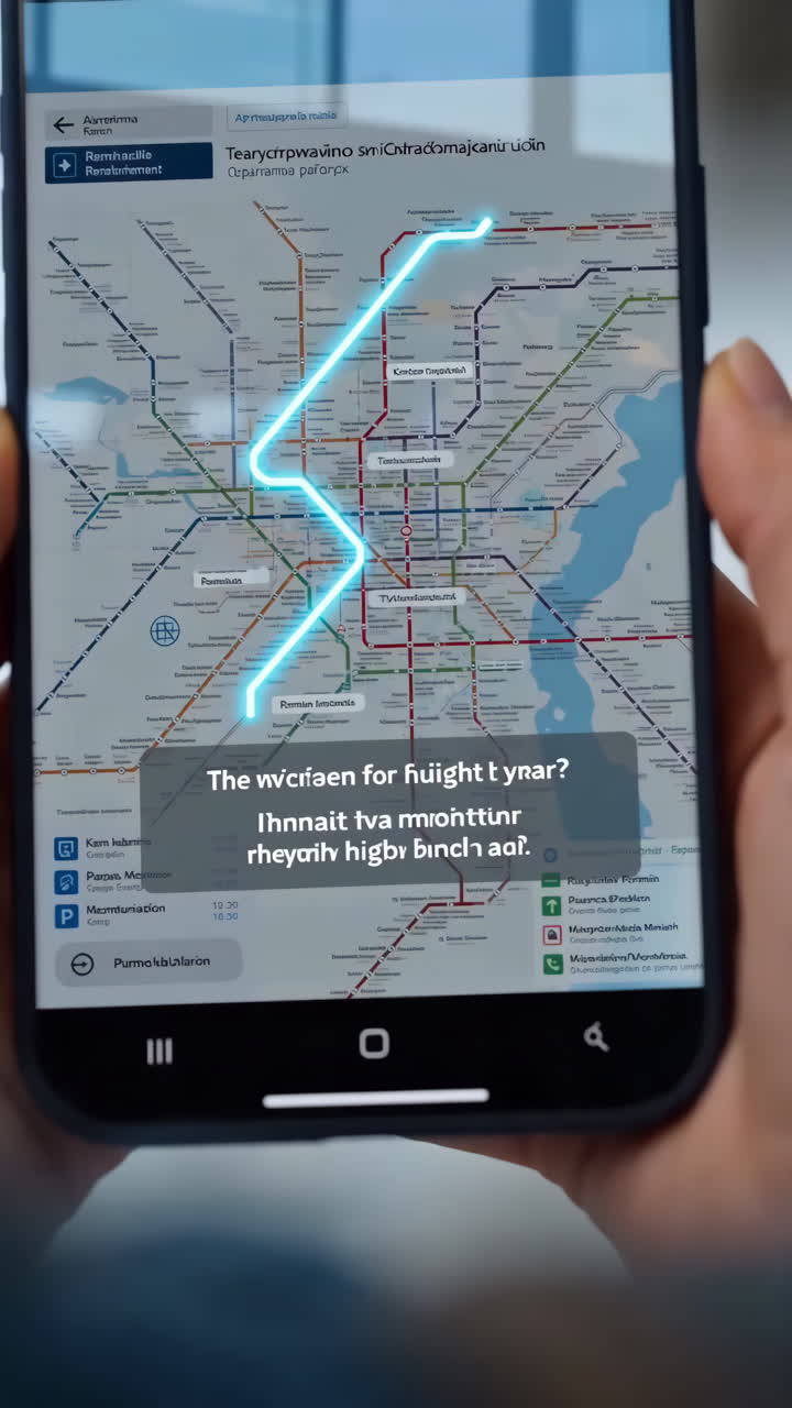 White Woman Navigating Metro Map On Phone, Neon Route Overlay Highlights Transfer Path, Wearing Hat