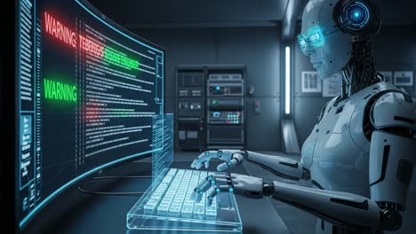 a highly advanced robot engaged in cybersecurity monitoring, analyzing threat alerts and data on a futuristic transparent screen in a high-tech control room environment