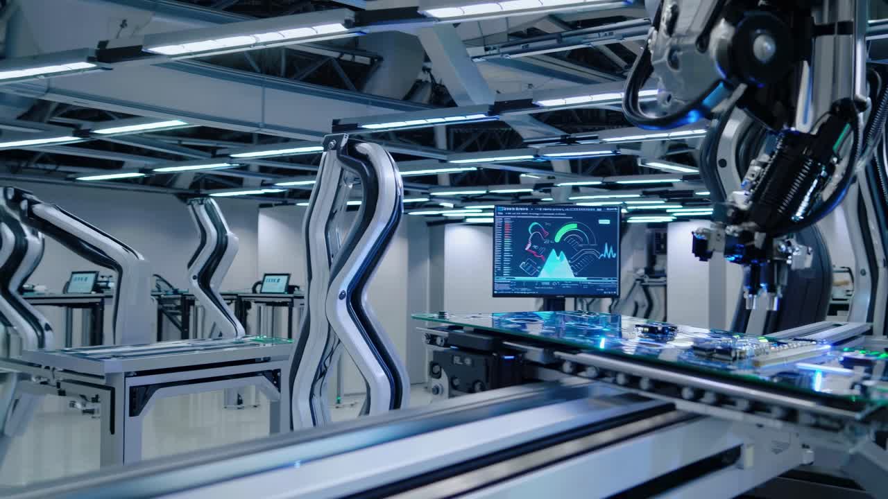 Futuristic lab with advanced robotics and screens displaying data