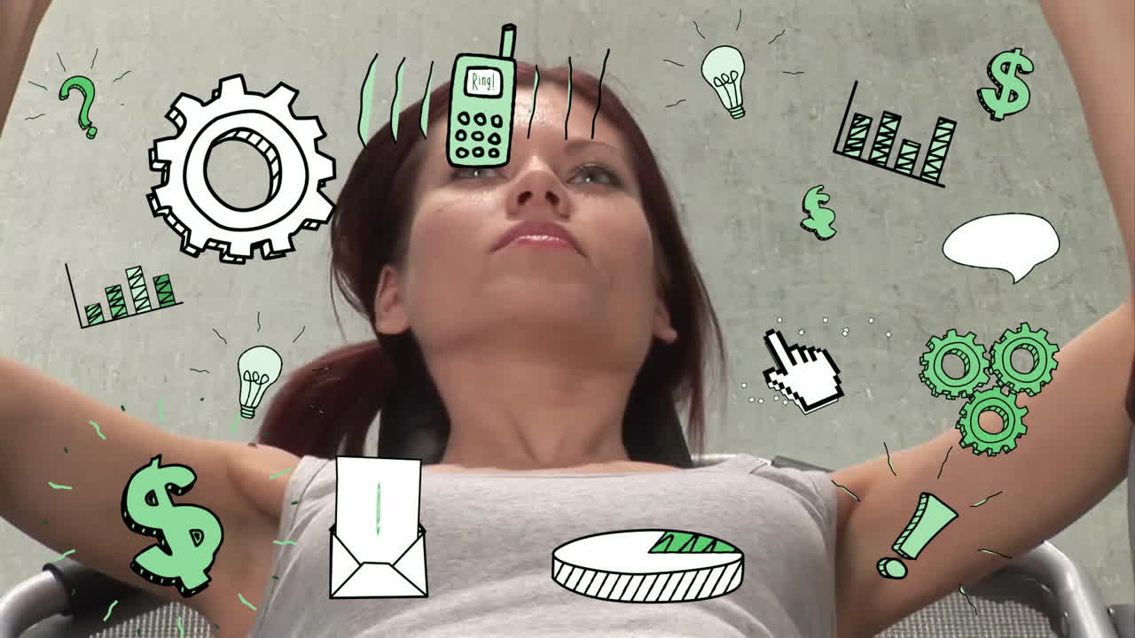 mujer en ejercicio con iconos de negocios y tecnología animación sobre ella