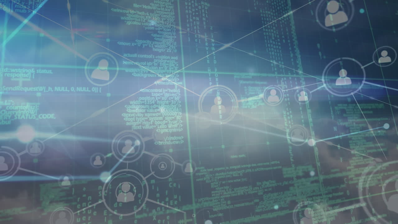 Animation of network of connections with people icons over data processing