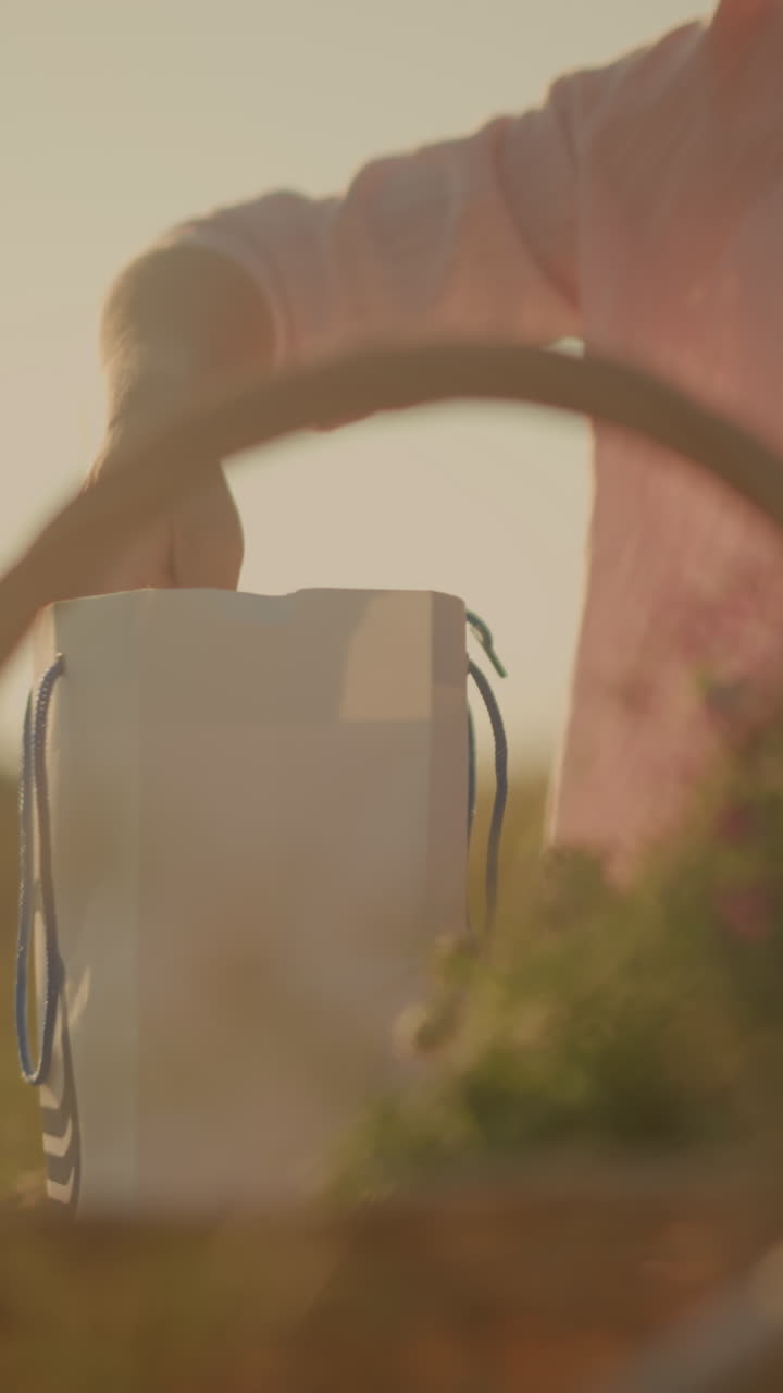 야외에서 피크닉 매트에 앉아있는 여인이 나무 피크닉 테이블 위에 있는 접시에 신선한 크로아산을 놓고, 근처에 꽃으로 가득 찬 바구니가 경치 좋은 빛 바탕에 추가됩니다.