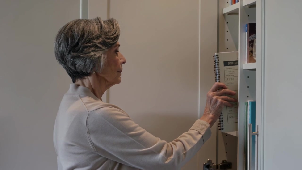 Opening cabinet woman in sweater inserting spiral pad into kitchen shelf for storage, copy space