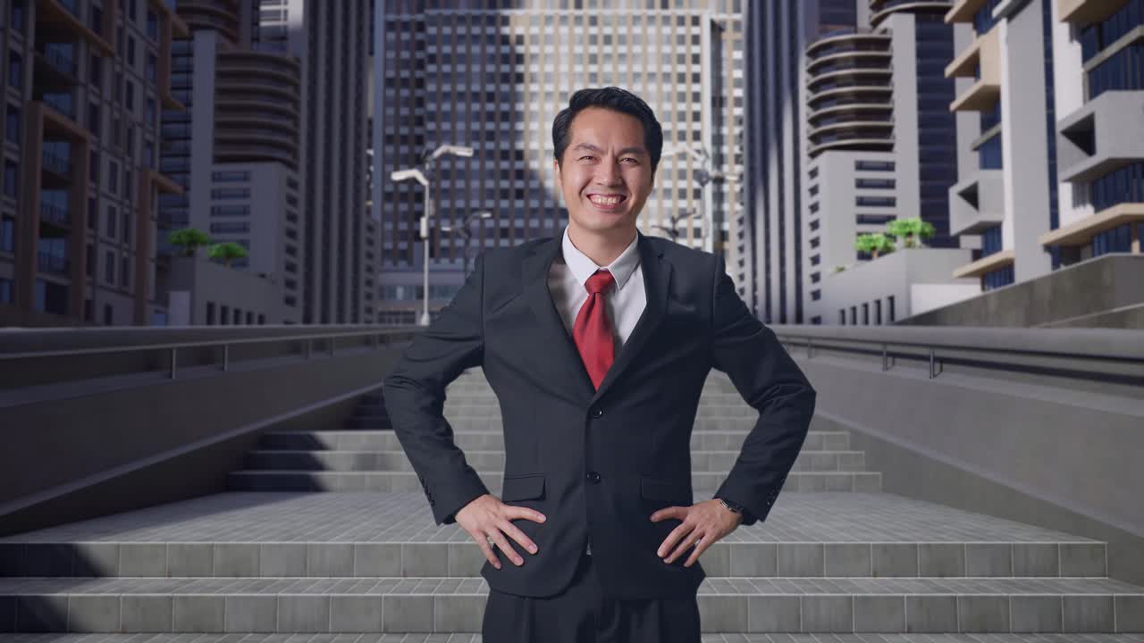 un hombre de negocios asiático sonriendo cálidamente en la ciudad