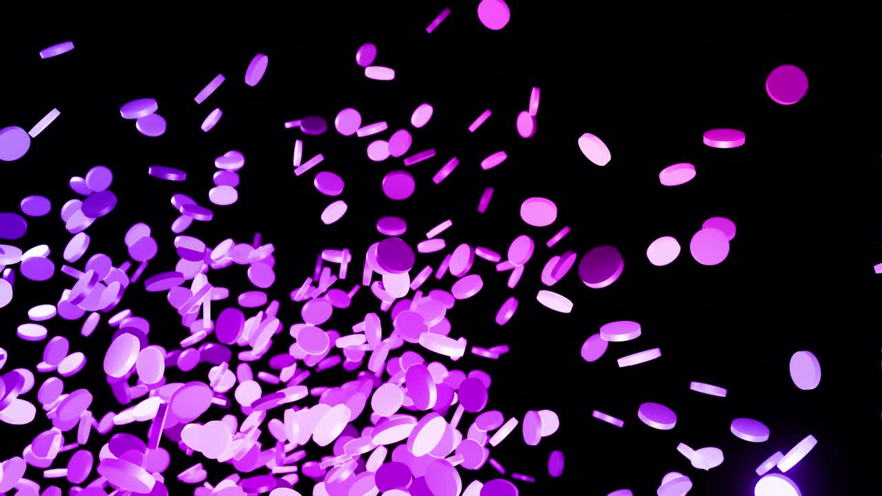 추상적인 축제 배경은 원의 구름과 같은 디스크가 무작위로 박이는 네온 빛입니다. 공중에서 회전하는 다채로운 실린더. 4k에서 아름다운 bg 루프.