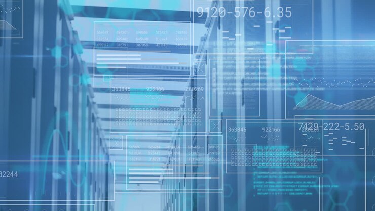 Animation of computer language, graphs, loading bars and circles over data server room