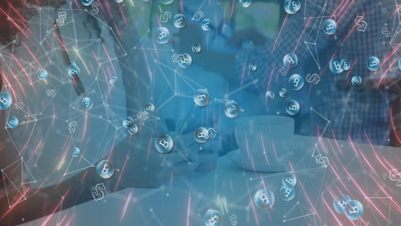 two colleagues chatting over coffee in café, featuring floating crypto icons and fintech nodes