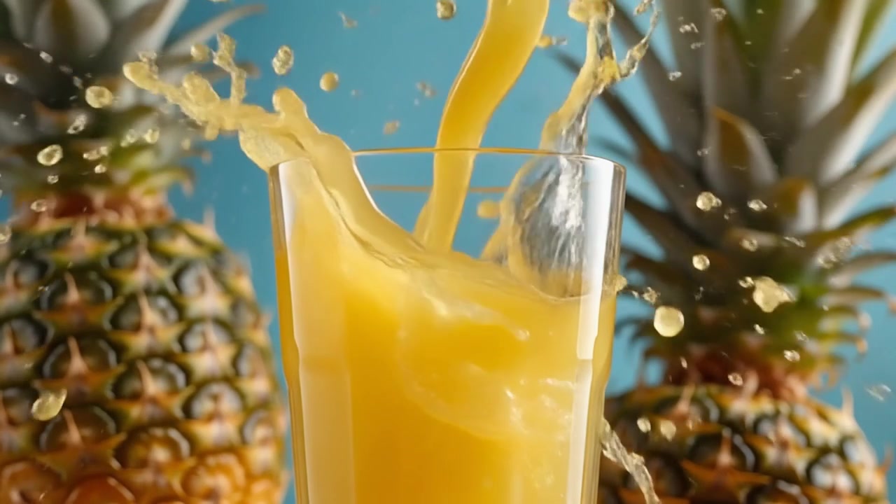 Frisk ananasjuice helles i et glass med fruktbakgrunn