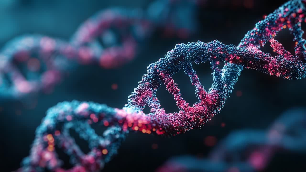 Una rappresentazione visivamente straordinaria dell'elica del DNA con colori vivaci e dettagli intricati che evidenziano le basi genetiche della vita