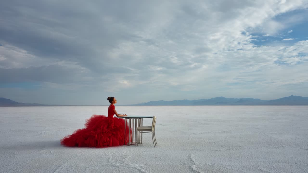 A solitary figure in a stunning red gown sits at a table in an expansive white landscape, captured against a dramatic sky and distant mountains, evoking feelings of calmness and introspection