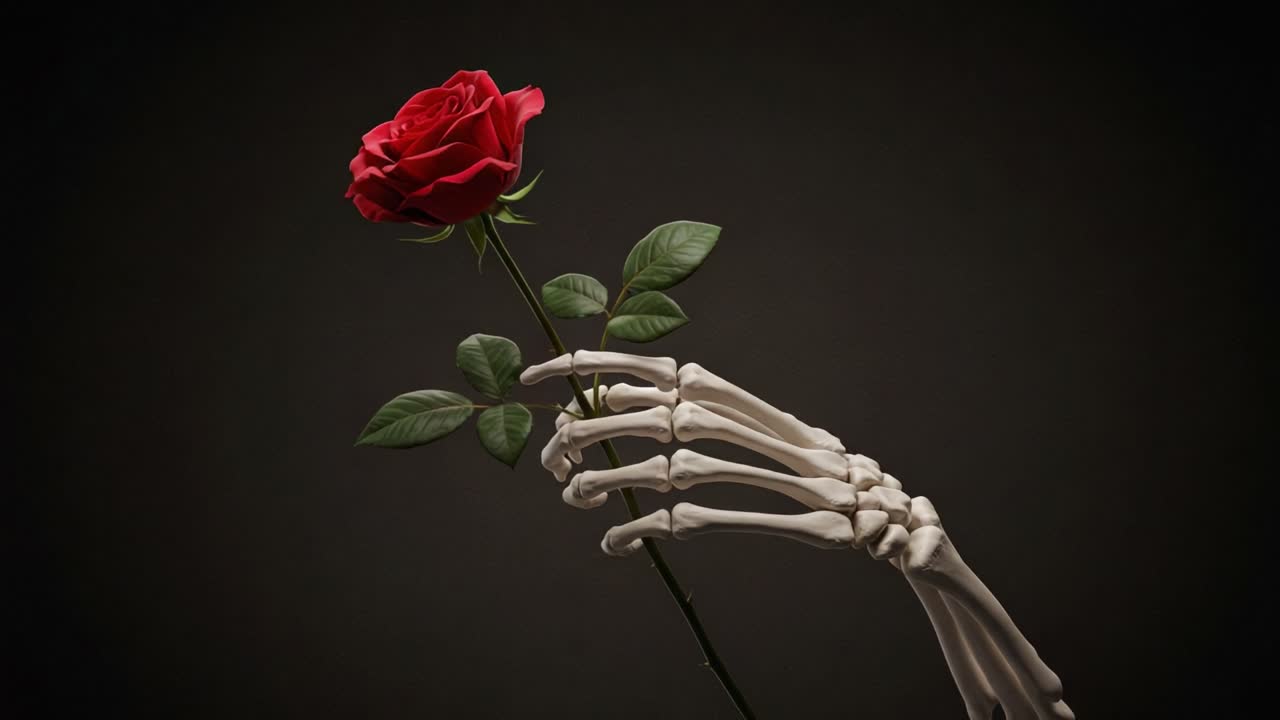 A Delicate Contrast of Life and Death: A Skeleton Hand Elegantly Holding a Vibrant Red Rose, Symbolizing Beauty Amidst Mortality and the Cycle of Existence