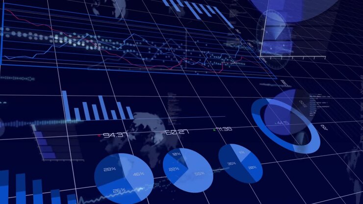 Camera panning and tilting, revealing 3D analytics dashboard, charts animating to show live trends