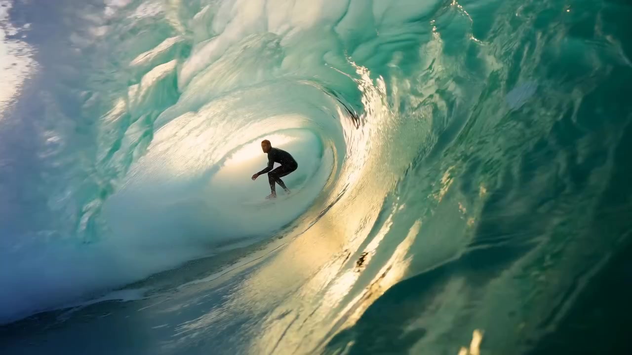 Surfista che cavalca una tavola corta all'interno di un'onda smeraldo cava vicino alla riva, accovacciato con le ginocchia piegate e le braccia in avanti per l'equilibrio, controluce dorato, tunnel cristallino, schiuma che si arriccia, forte atmosfera marina