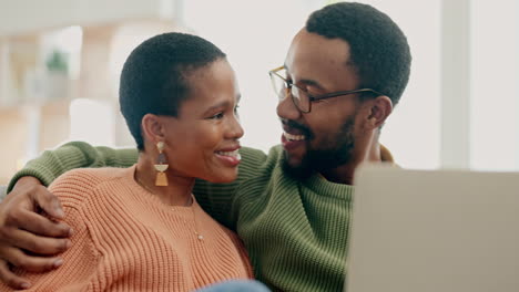 Talking,-internet-and-black-couple-with-a-laptop