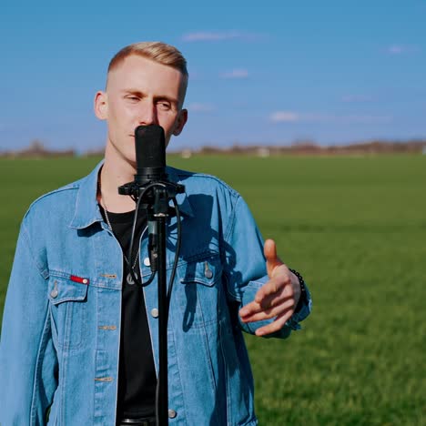 blond guy singer at the microphone in nature. music band playing musical instruments while man soloist singing on green field in sunny day