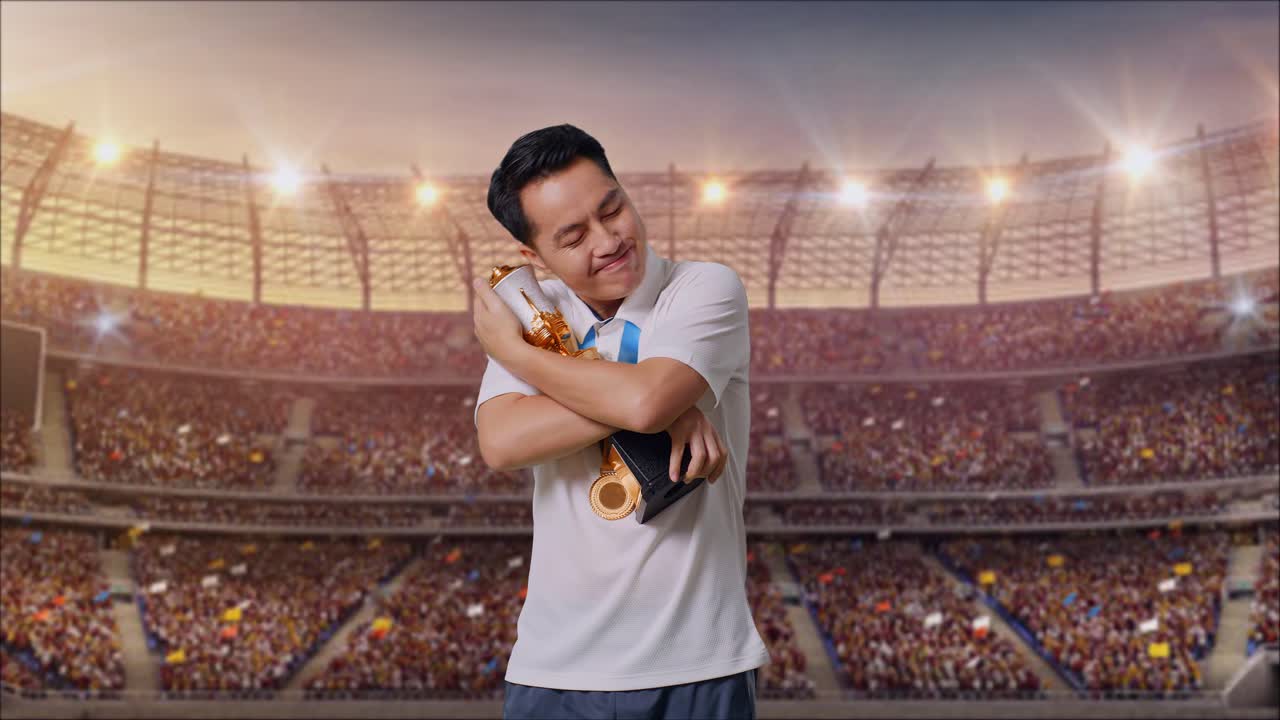 경기장에서 트로피를 들고 있는 남자
