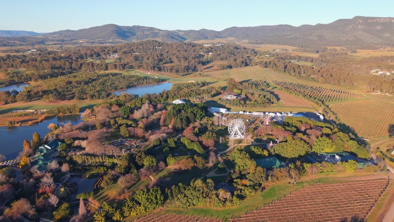 Hunter Valley Gardens com roda-gigante e vinhedos ao nascer do sol, drone estabelecendo órbita iluminado