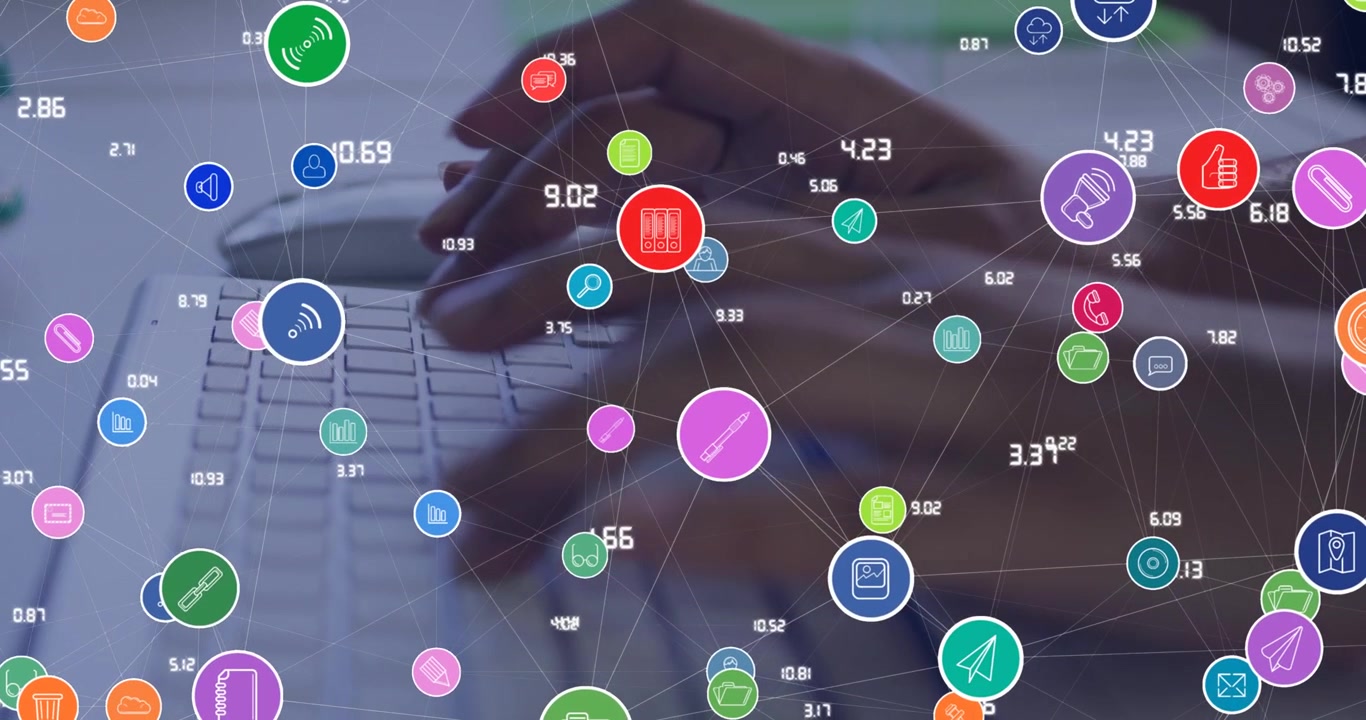 Animation of network of connections with icons over african american businessman using computer