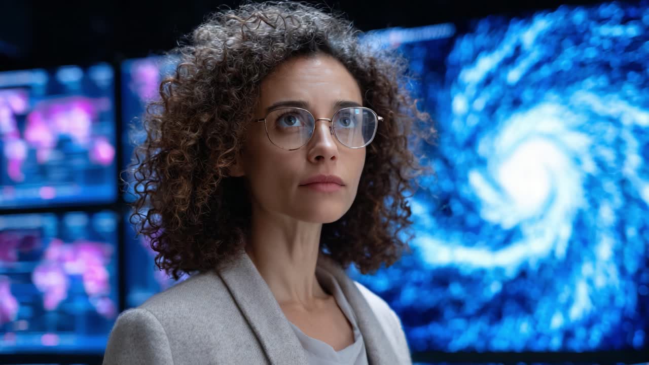 A contemplative scientist gazes into the depths of a swirling galaxy backdrop, reflecting on the mysteries of the universe and innovation in technology and research