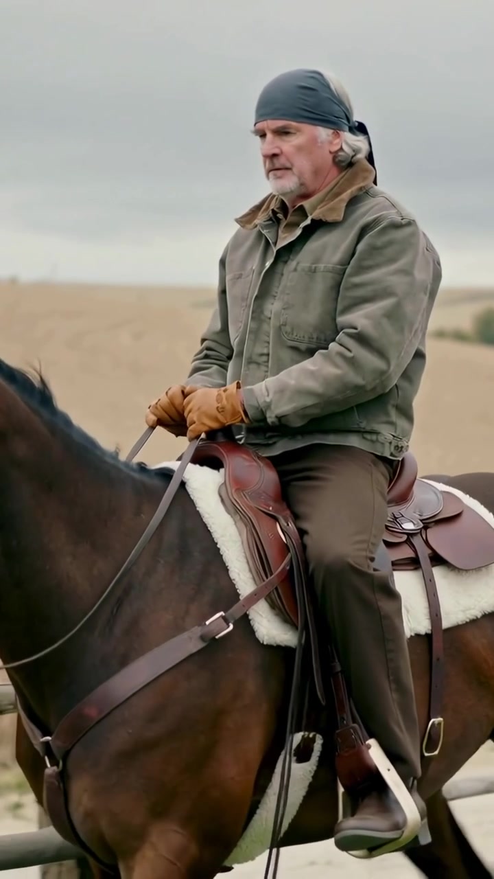 Video verticale: Anziano a cavallo che tiene le redini e osserva l'orizzonte nella pianura, con bandana e cavallo