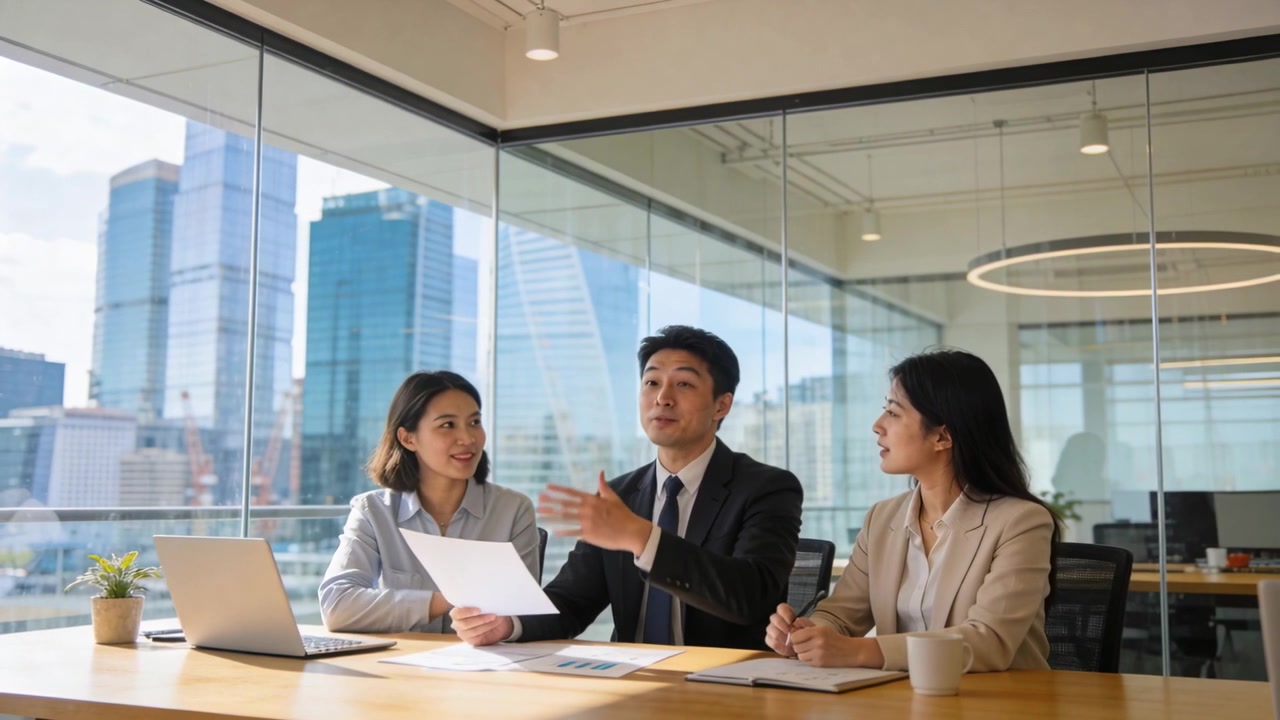 演示开始，一名身穿西装的男子在玻璃办公室里做着手势，团队成员手持文件并鼓掌。