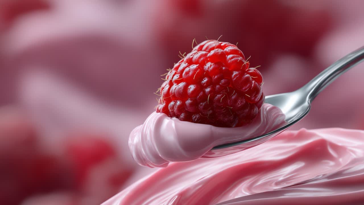 Delicious Raspberry Overview with Creamy Yogurt Spoon Close-Up on Soft Pink Background, Showcasing Freshness and Wholesome Ingredients in Food Imagery