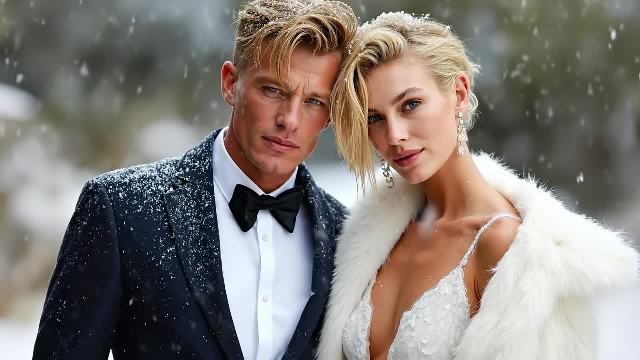 A man and a woman in formal wear standing in the snow