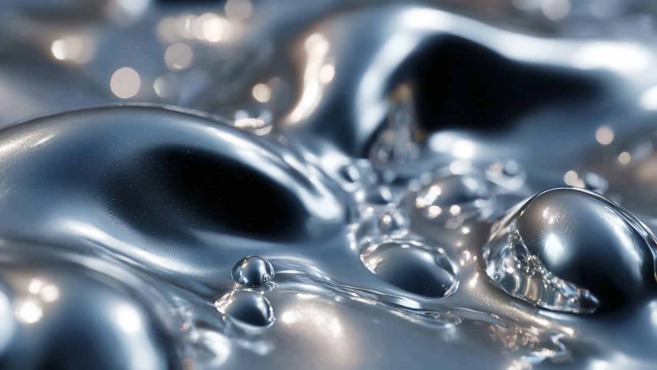 Captivating Close-Up of Iridescent Liquid Surface with Reflective Bubbles and Fluid Dynamics, Showcasing the Beauty of Movement and Interactions in a Metallic Environment