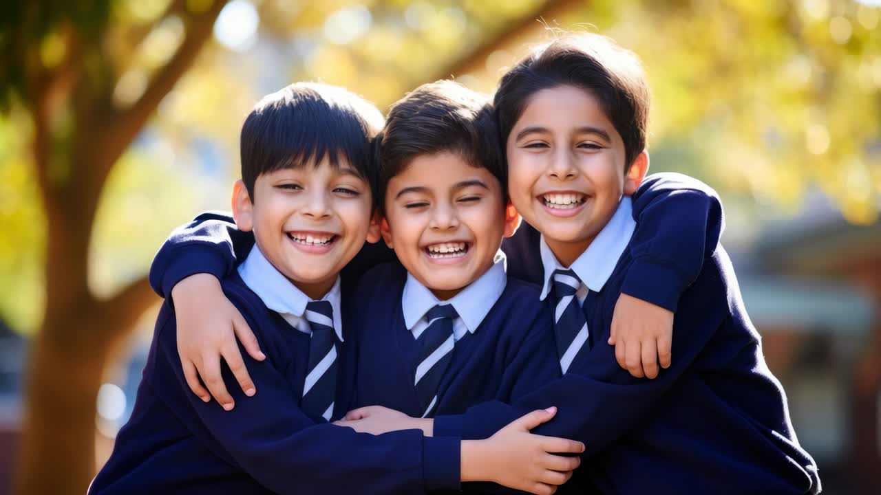 Three smiling boys in school uniforms embrace in a sunlit park. Captured from a front angle, perfect