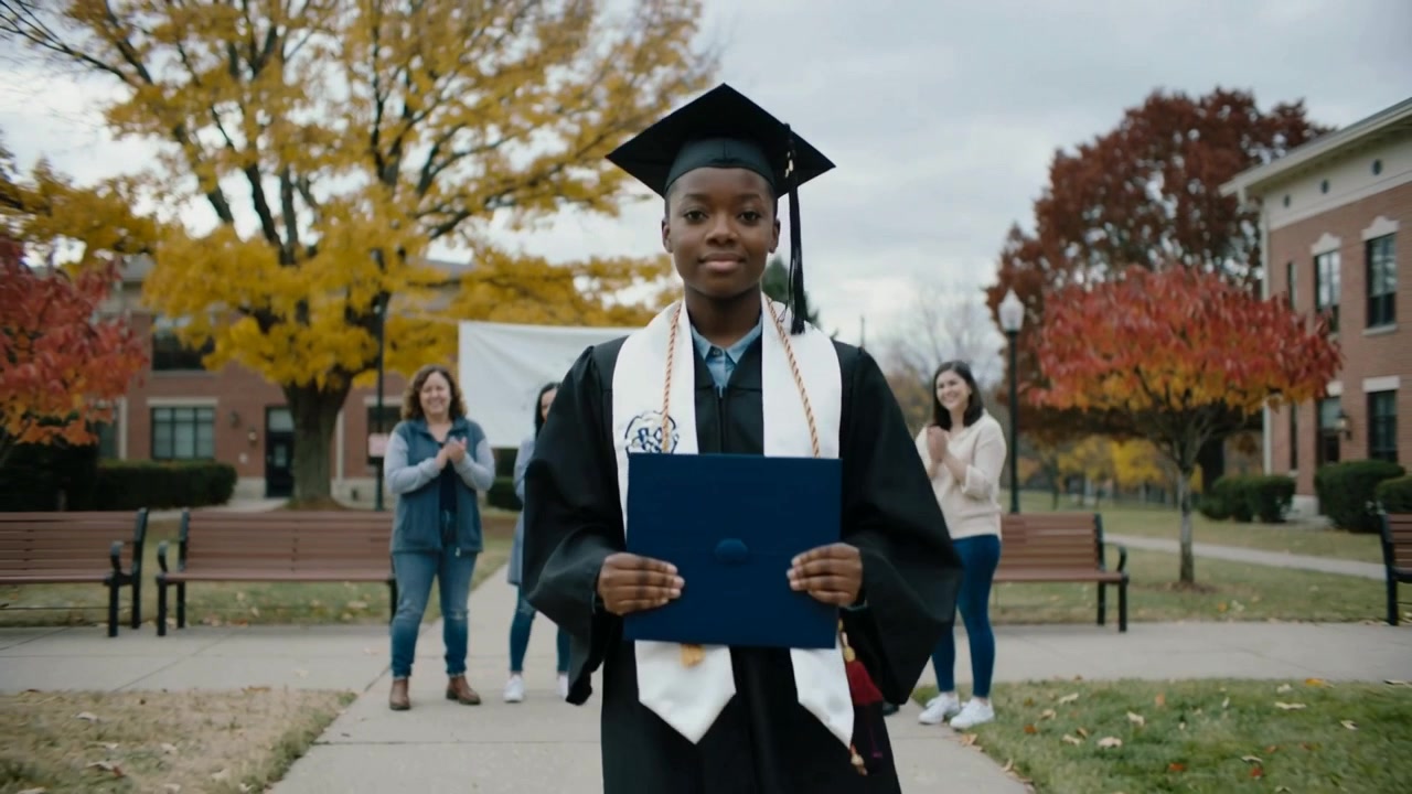 Walking grad toward lens after group clapping on campus path with blue folder in gown celebrating