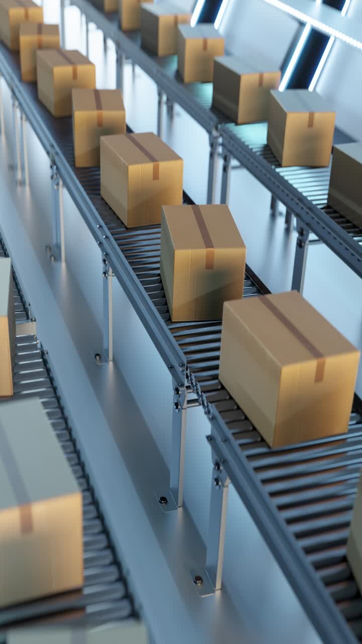 Carton boxes moving on conveyors at futuristic warehouse. 3d animation loop
