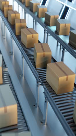 carton boxes moving on conveyors at futuristic warehouse. 3d animation loop